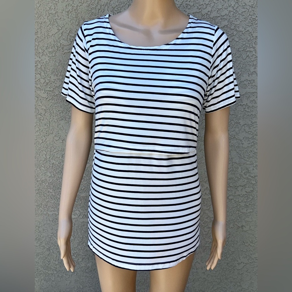 Small Show Nursing Top sz S  White with Black Stripe and Grey